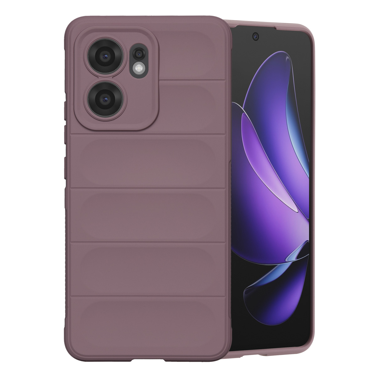 Un téléphone mauve avec une coque de protection. L'étui a des rainures horizontales et une bosse pour la caméra. L'écran affiche un design violet.