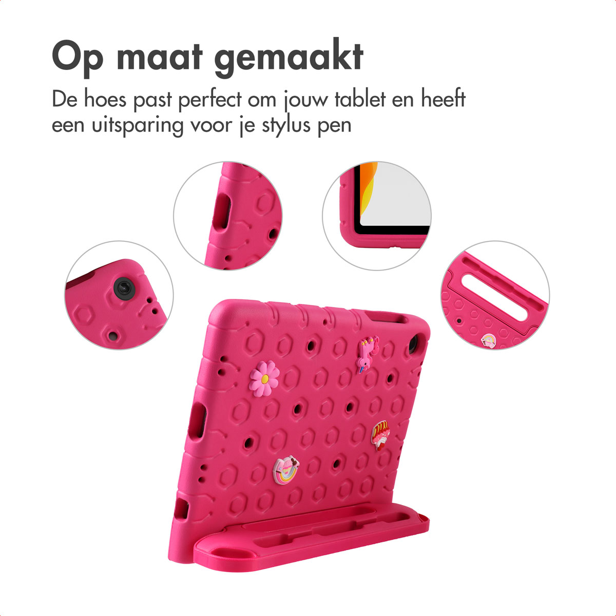Roze tablethoes met bloemen- en eenhoornversieringen en uitsparingen voor de tablet, styluspen en camera.