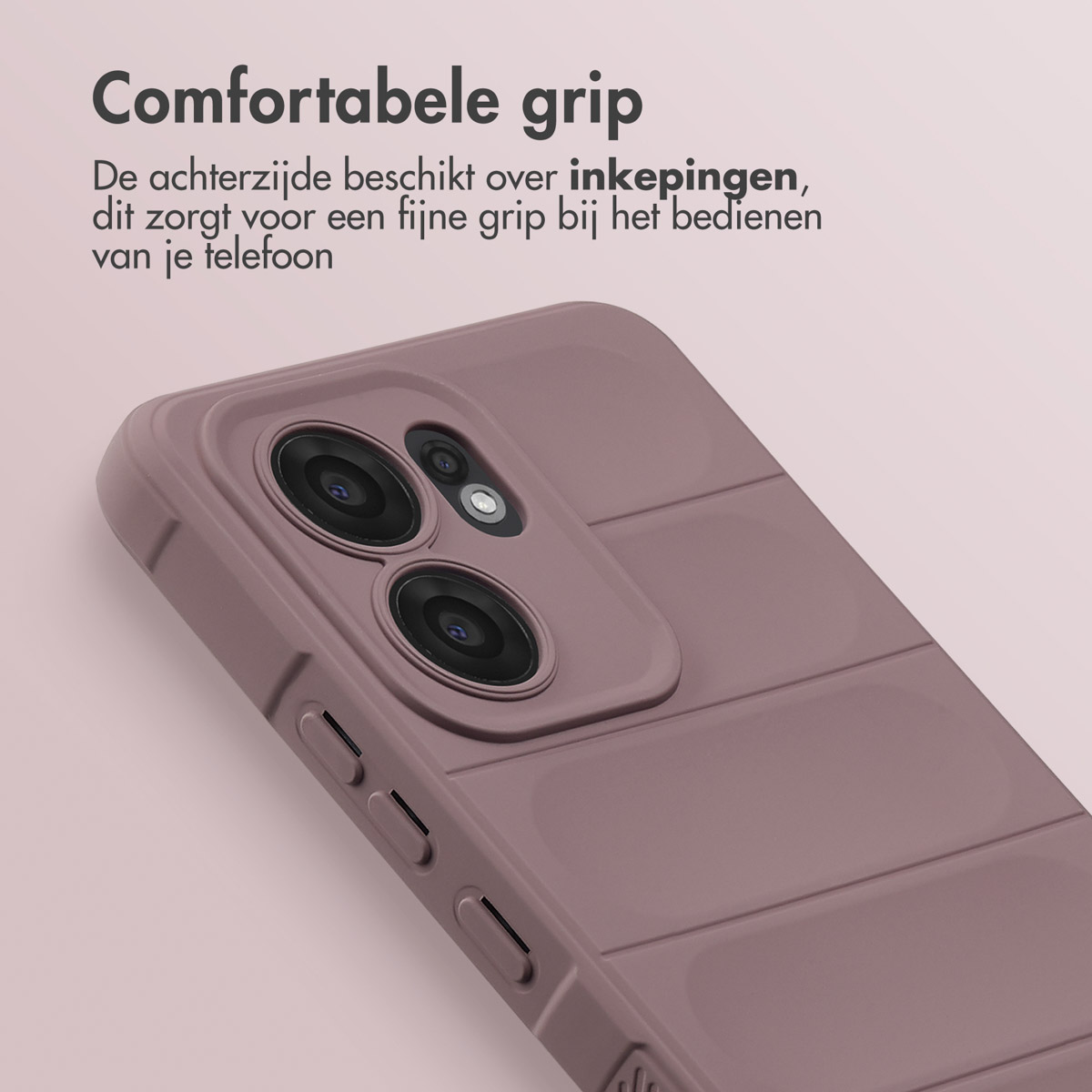 Gros plan d'une coque de téléphone violette avec des lentilles d'appareil photo. La coque a un dos texturé. Texte : Prise en main confortable.