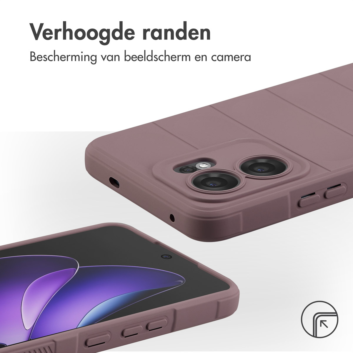 Deux coques de téléphone, une avec des découpes pour l'écran et l'appareil photo. Les deux sont de couleur pourpre, avec des bords surélevés.