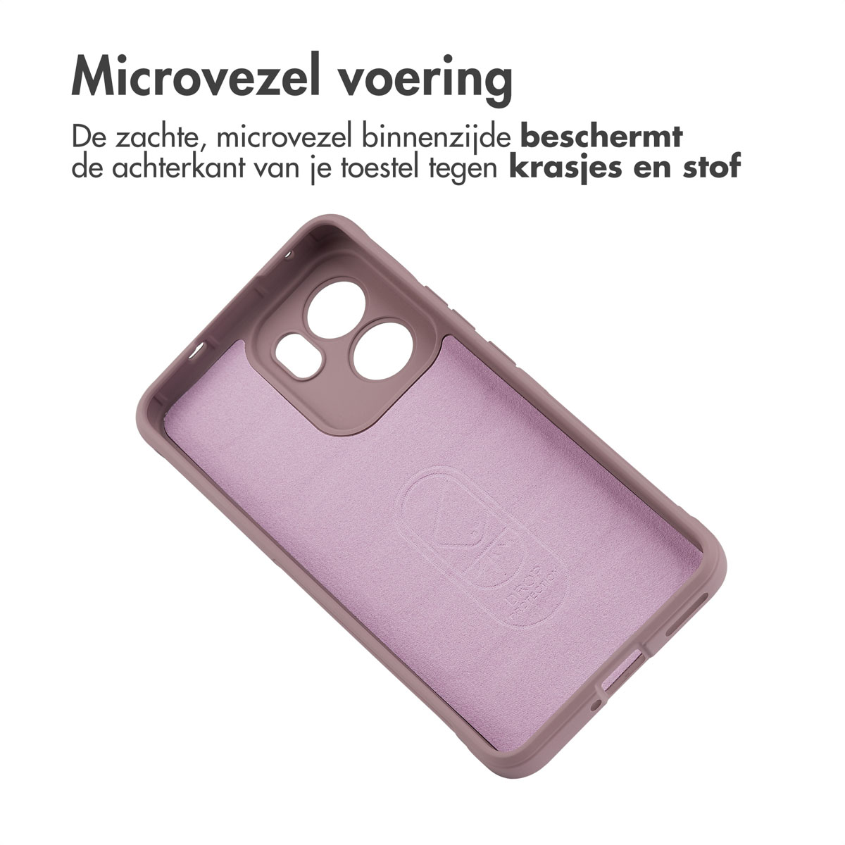 Un étui de téléphone violet avec un intérieur doux est affiché. Le texte indique qu'il protège contre les rayures et la poussière. L'étui est sur fond blanc.
