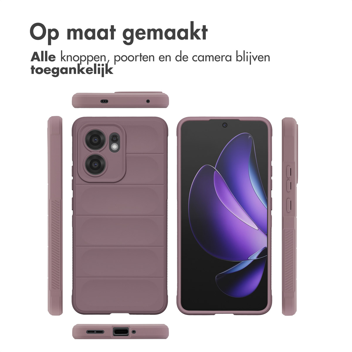 Un étui de téléphone portable en sections, avec un écran de téléphone. L'étui est violet et il y a plusieurs vues de l'étui.