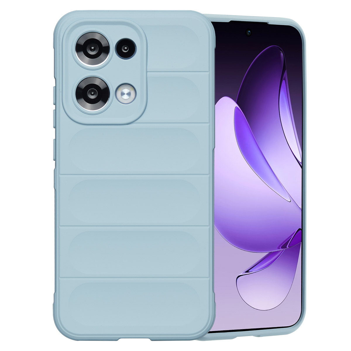 Una custodia e un telefono blu chiaro. La custodia ha un design strutturato attorno alla fotocamera. Il telefono mostra un design astratto viola.