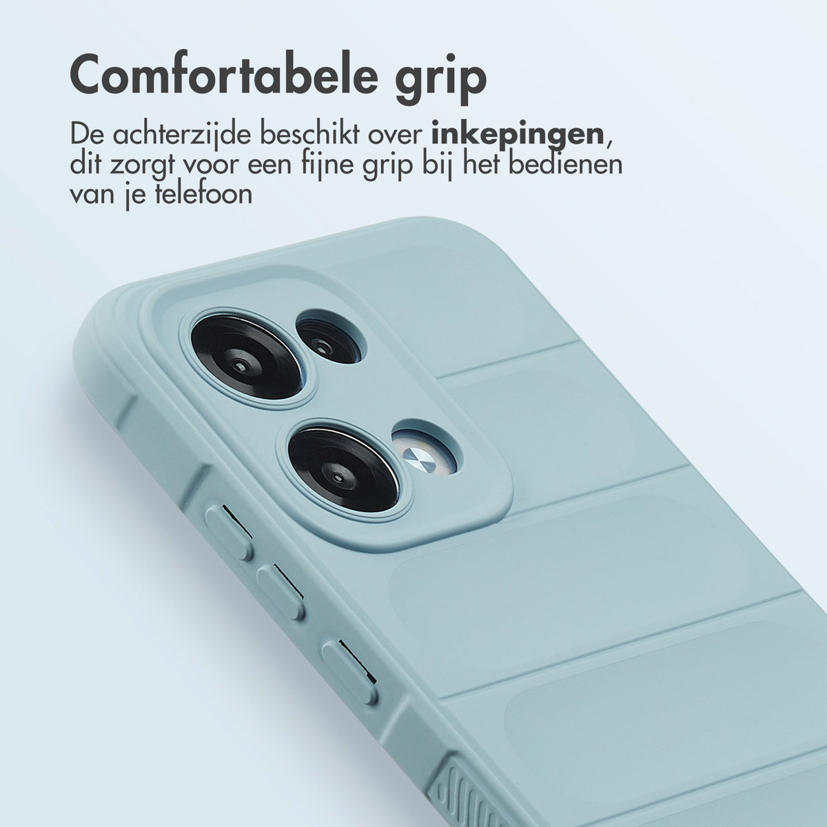 Custodia per telefono azzurra con lenti della fotocamera e pulsanti. Il retro ha scanalature per l'impugnatura e testo sul comfort.