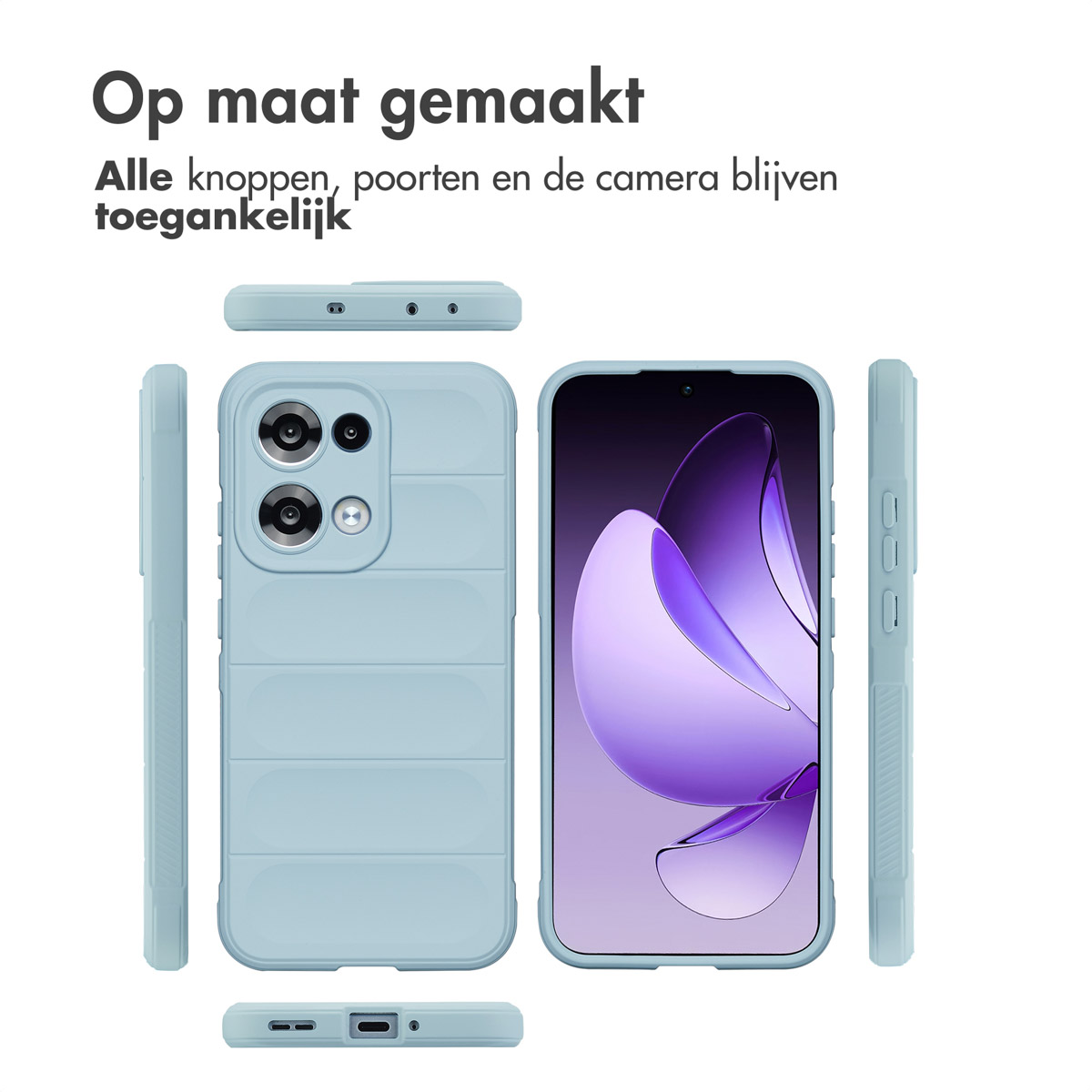 Un telefono e la sua custodia protettiva sono in mostra. La custodia è azzurra e lo schermo del telefono mostra un disegno viola.