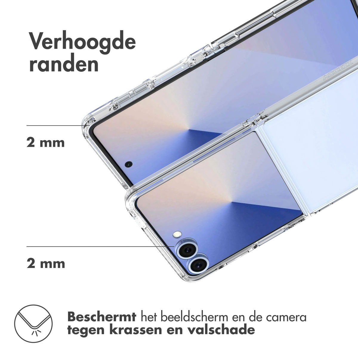Una custodia trasparente protegge un telefono. Ha bordi rialzati e protegge lo schermo e la fotocamera. La custodia è progettata per proteggere il telefono.