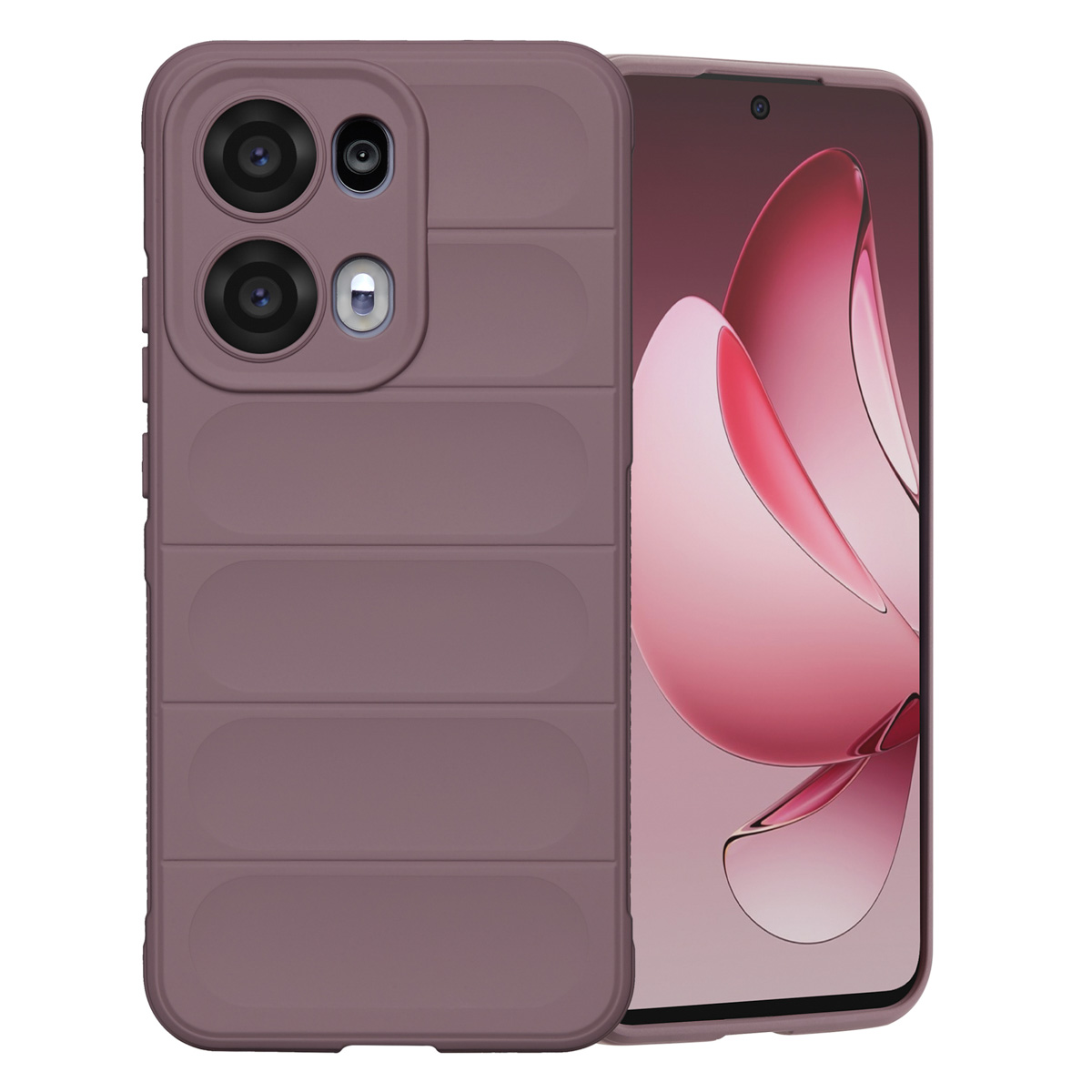 Een paarse telefoon met een beschermhoes. De hoes bedekt de achterkant en zijkanten. Het scherm toont een roze ontwerp.