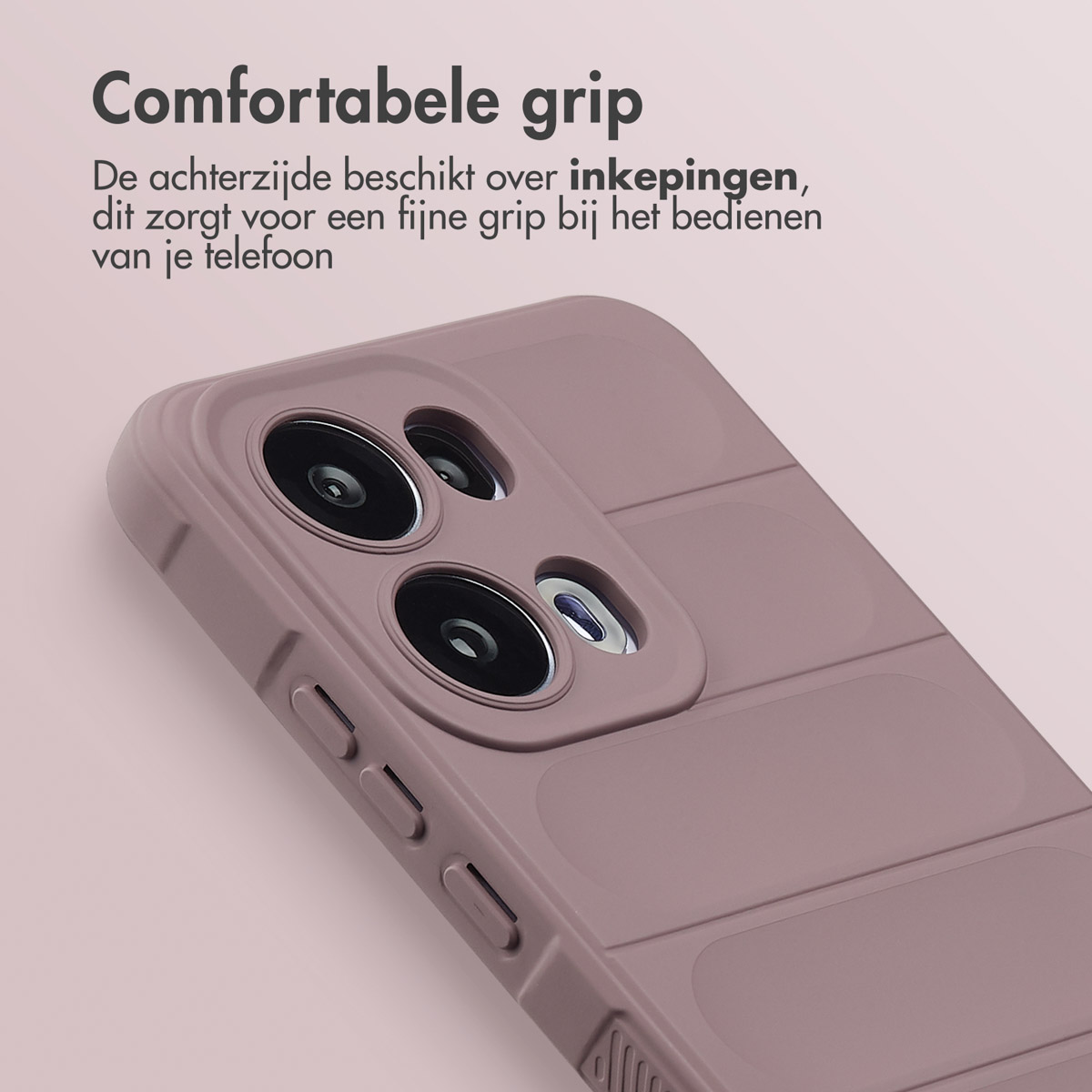 Close-up van een telefoonhoesje. Het is mauve van kleur met camera-uitsparingen en knoopdetails. Tekst bovenaan zegt 'Comfortable grip'.