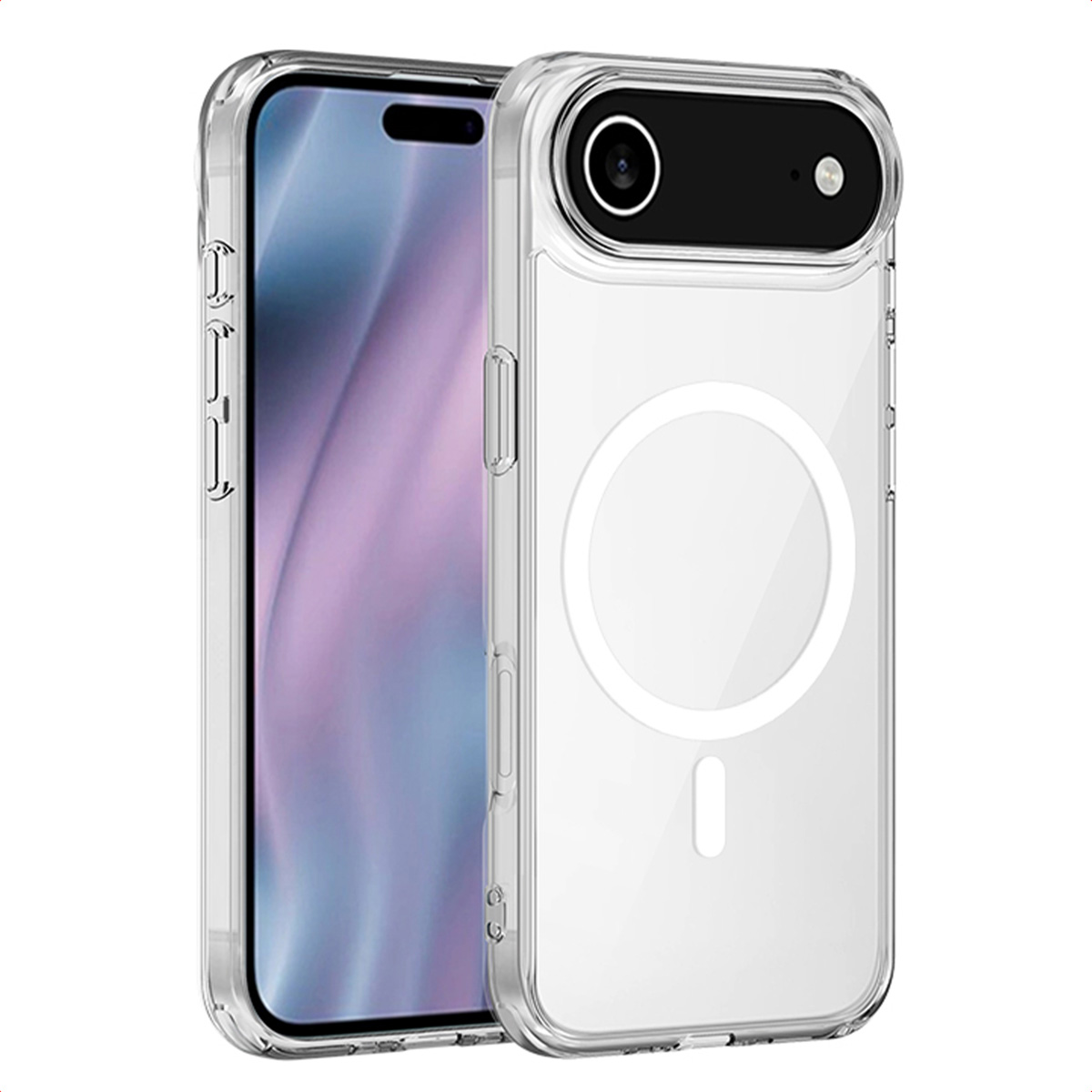 Una custodia trasparente protegge un telefono. Il telefono è bianco sporco. La custodia ha un cerchio bianco e un'area fotocamera nera.