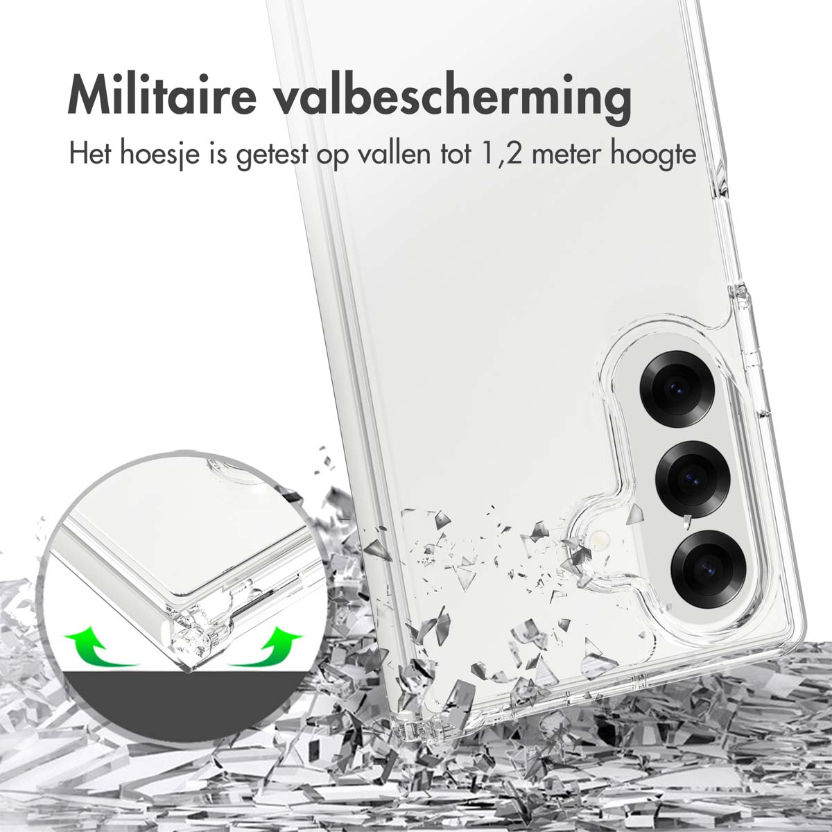 Una custodia trasparente per telefono con effetto vetro infranto. Il testo recita 'Protezione militare contro le cadute'. La custodia ha tre fori per la fotocamera.
