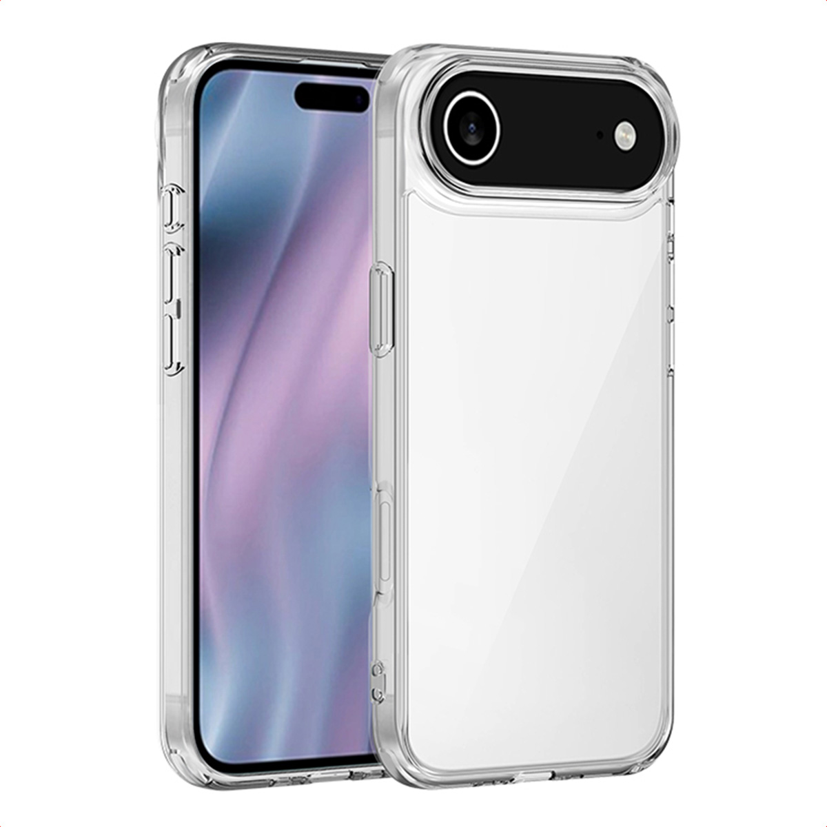 Due custodie trasparenti per telefono, una con un telefono dentro. Il telefono ha uno schermo con una sfumatura viola e blu.
