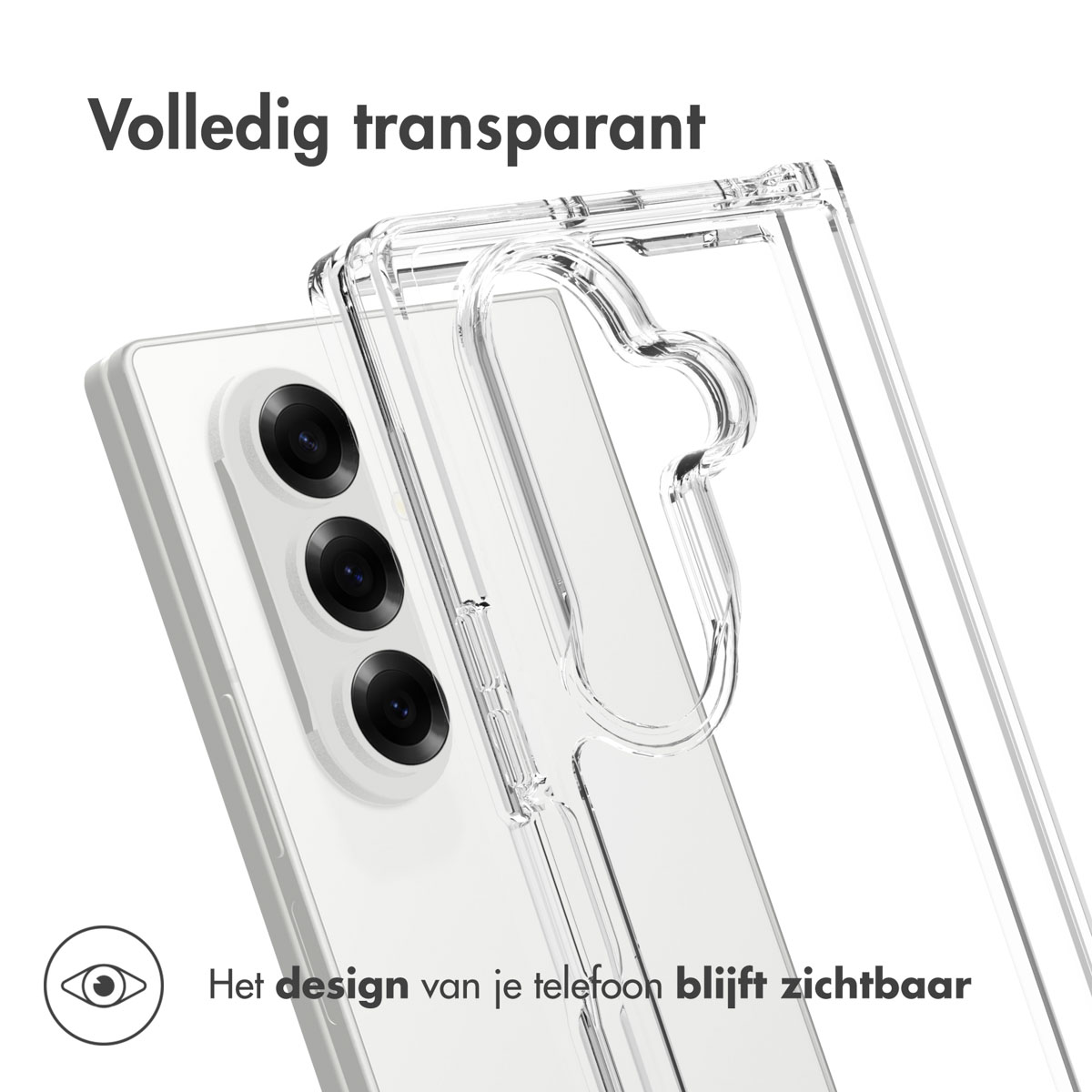 Een doorzichtige telefoonhoes over een witte telefoon, met drie cameralenzen. Boven staat 'Volledig transparant'.