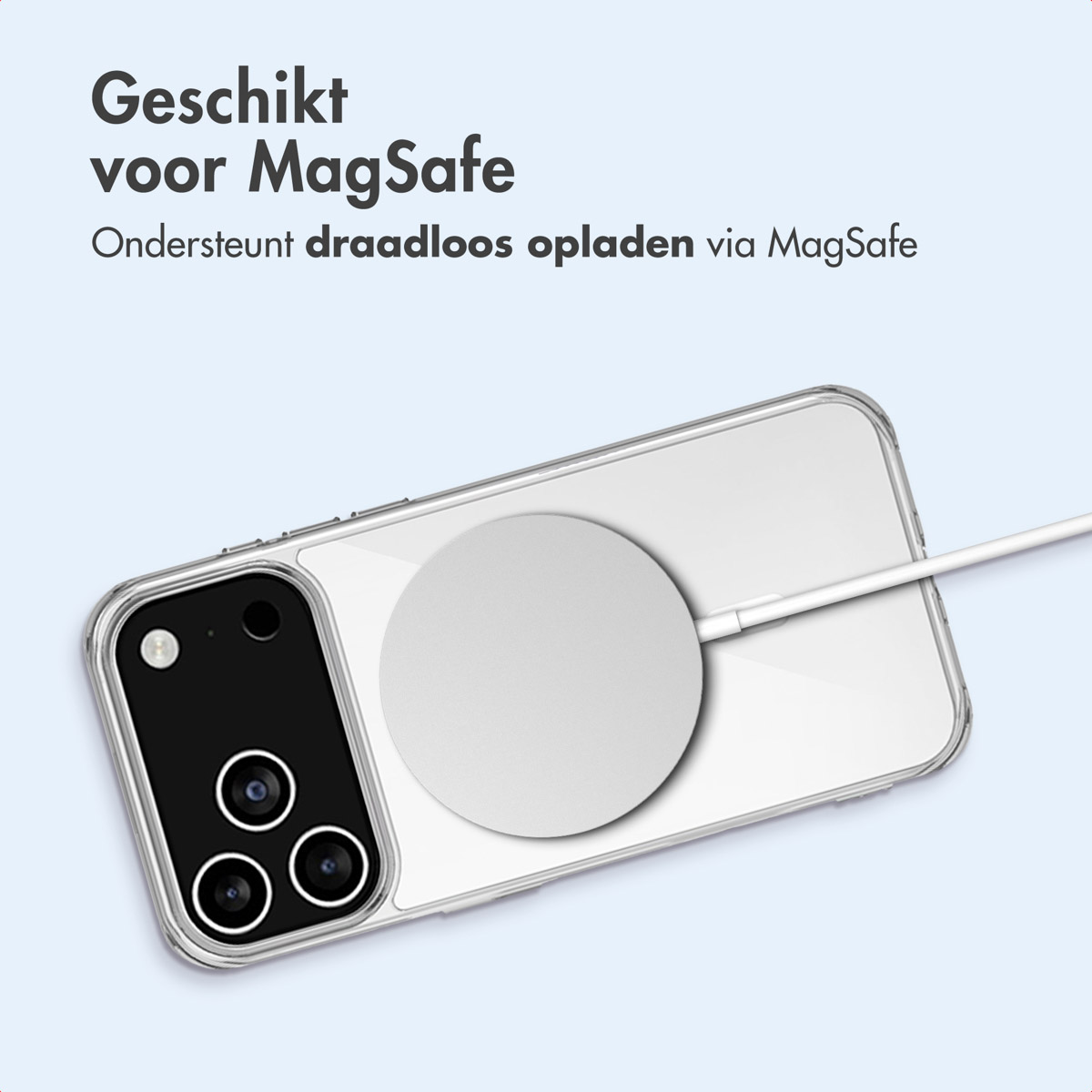 Een telefoon in een doorzichtige hoes met een MagSafe-oplader. Bovenstaande tekst: Geschikt voor MagSafe.