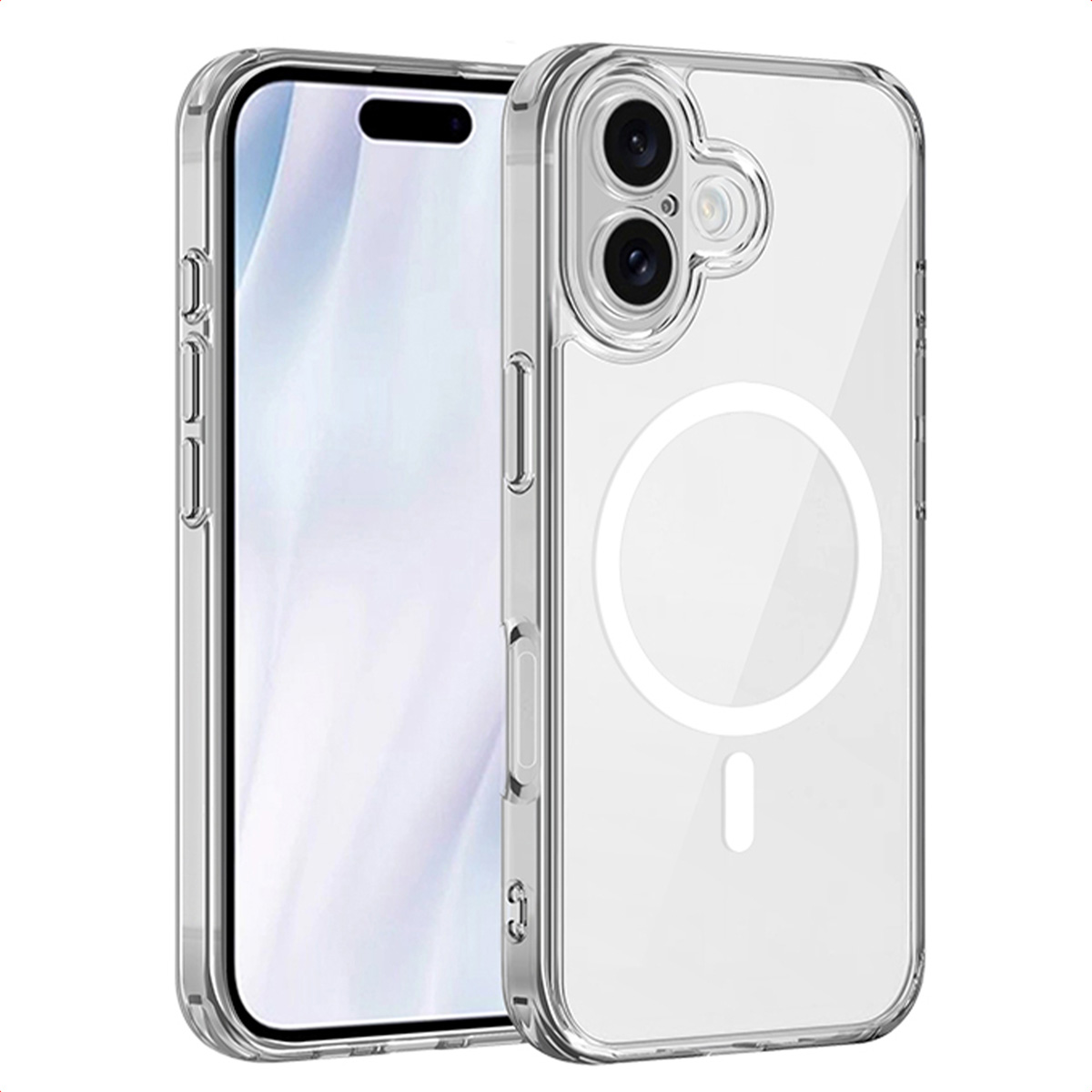Transparante telefoonhoes met een telefoon erin. De hoes heeft een magnetische cirkel en een oplaadpoortindicator. Het scherm van de telefoon is zichtbaar.
