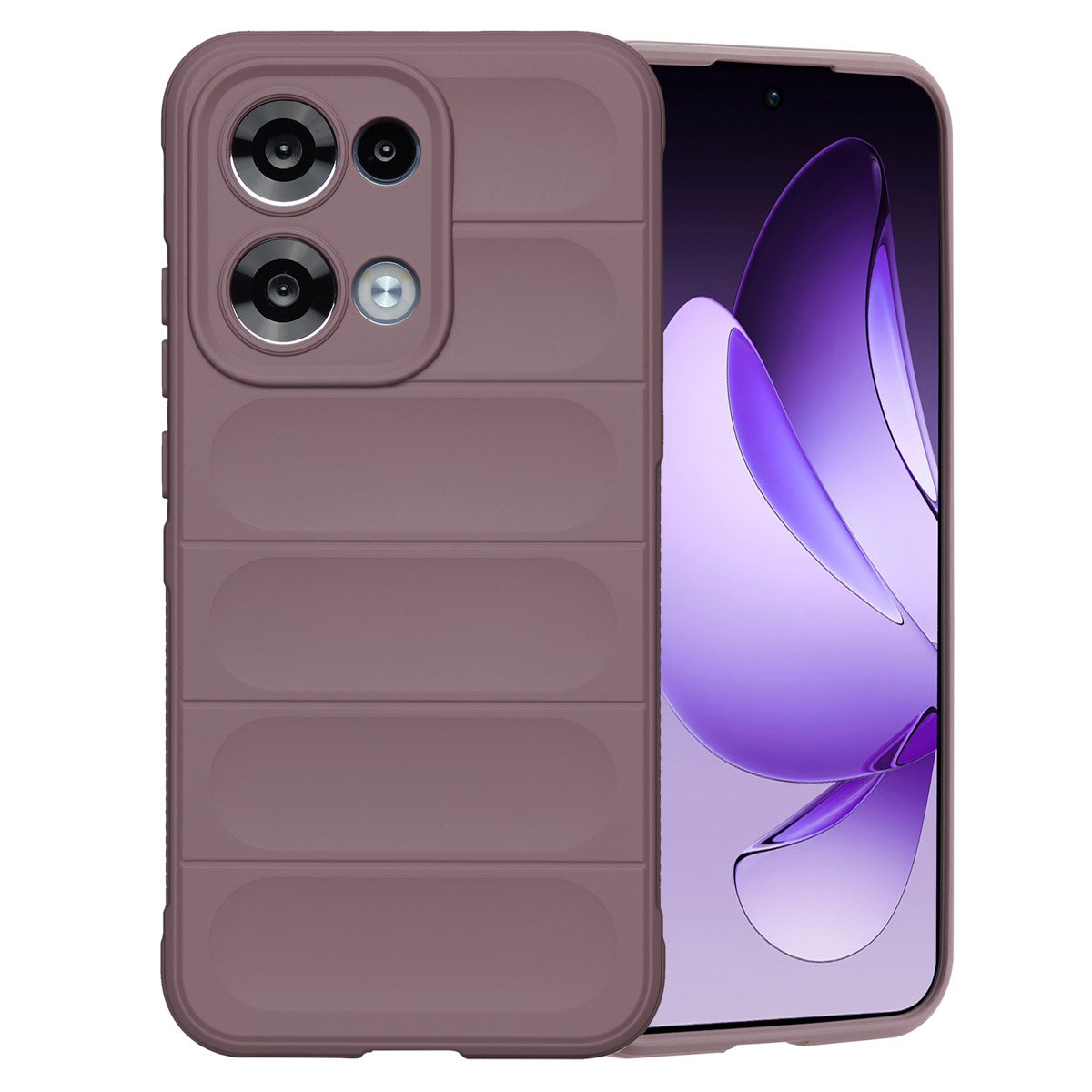 Un telefono cellulare con custodia viola. La custodia ha fori per la fotocamera. Lo schermo mostra forme viola.