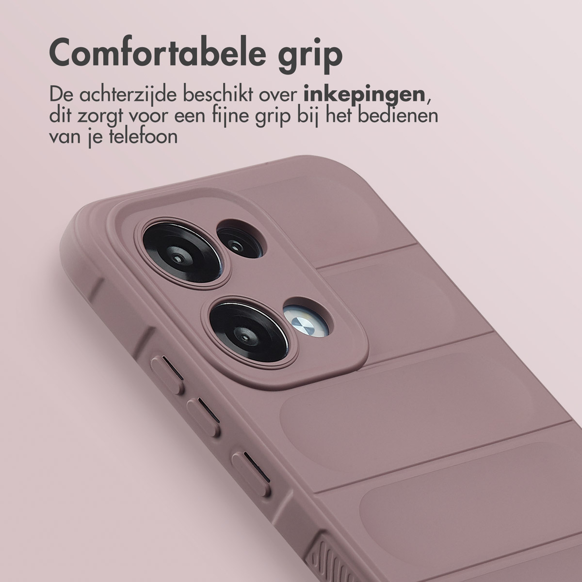 Primo piano di una custodia per telefono malva. Ha una fotocamera, pulsanti laterali e il testo 'Comfortable grip'.