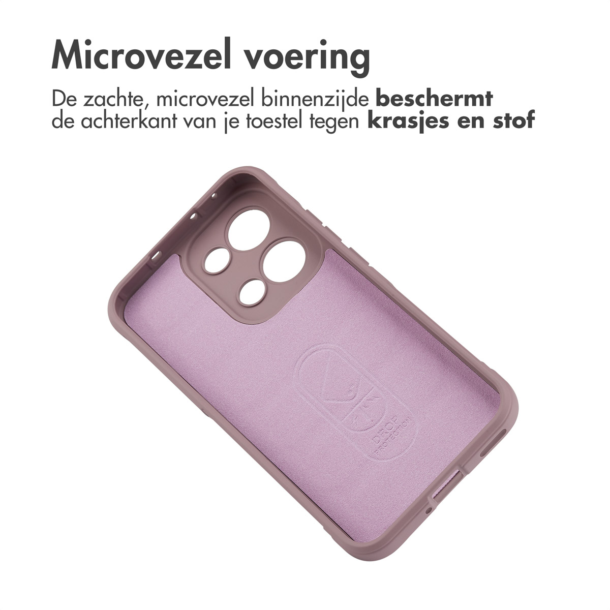 Una custodia per telefono, al rovescio, con un interno viola chiaro. Il testo in alto dice 'Microvezel voering'. La custodia protegge da graffi e polvere.