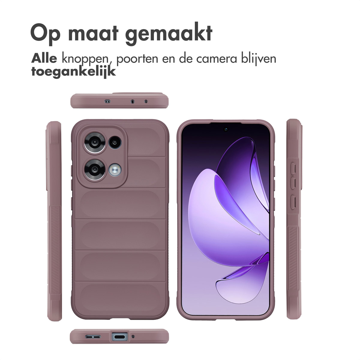 Una custodia per telefono malva con un telefono all'interno. Il testo in alto dice 'Op maat gemaakt'. Lo schermo del telefono mostra un design viola. Vengono mostrate altre parti della custodia.