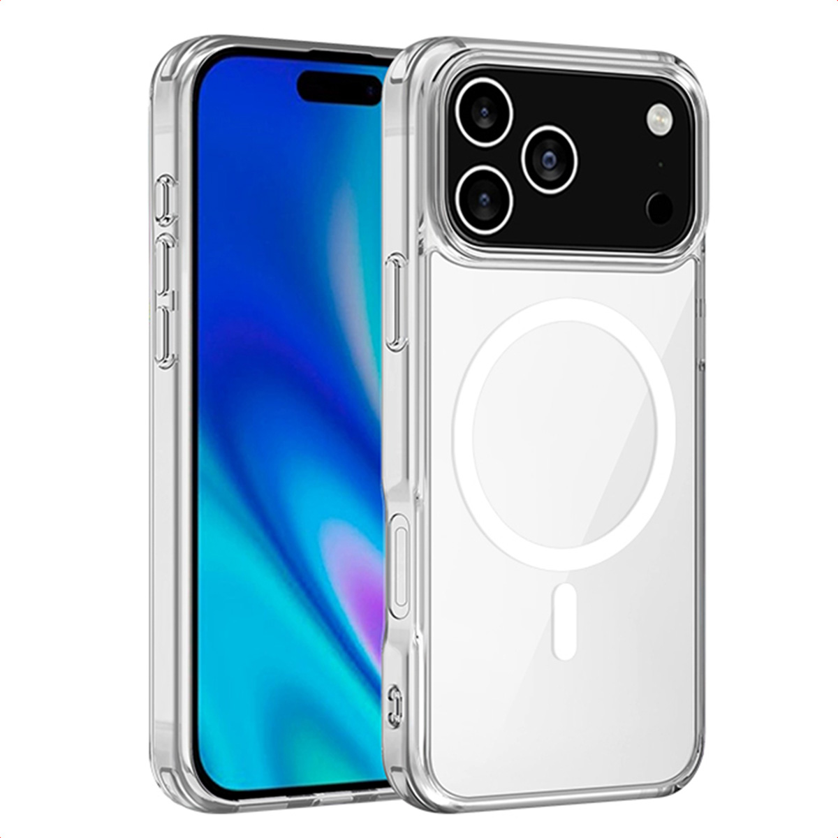 Transparante telefoonhoes met telefoon. De telefoon heeft een blauw-wit scherm. De hoes heeft een cirkel en een lijn.