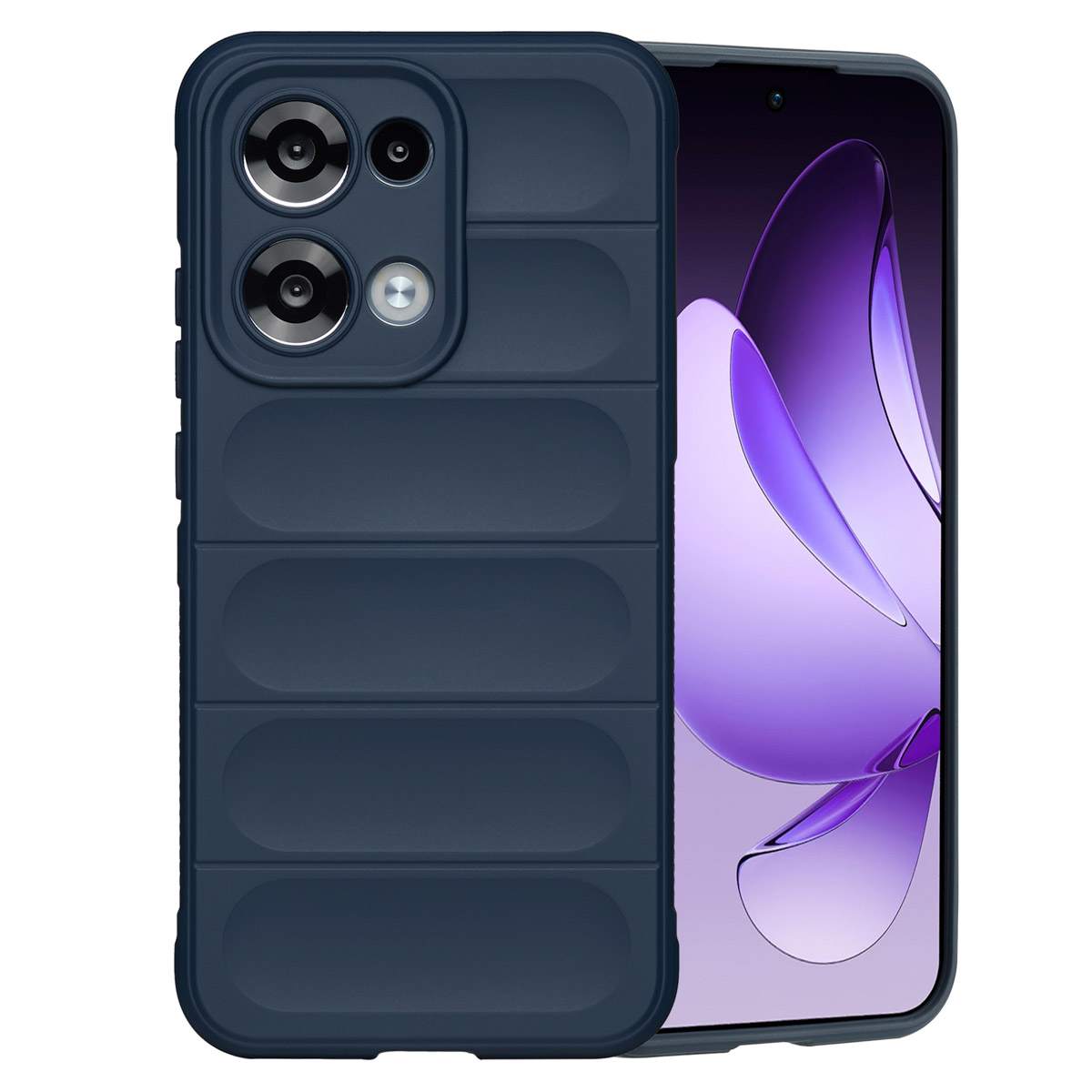 Una custodia per telefono blu scuro con lenti della fotocamera e uno schermo del telefono che mostra arte astratta viola.