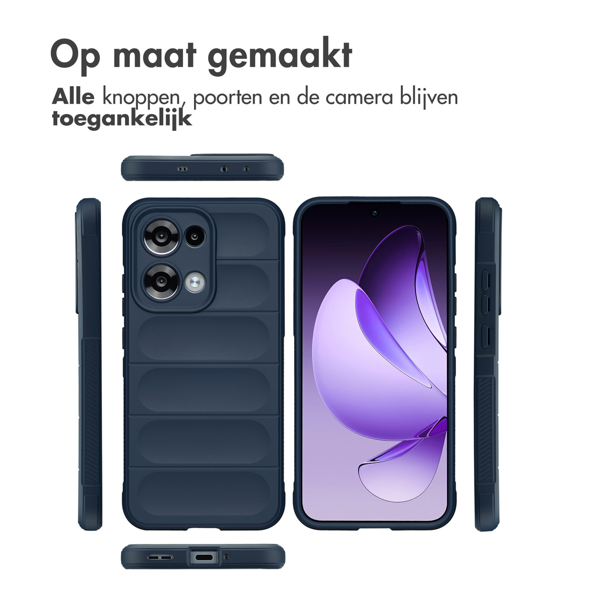 Una custodia per telefono blu navy con uno schermo del telefono che mostra grafica viola. La custodia è mostrata da più angolazioni con testo sopra.