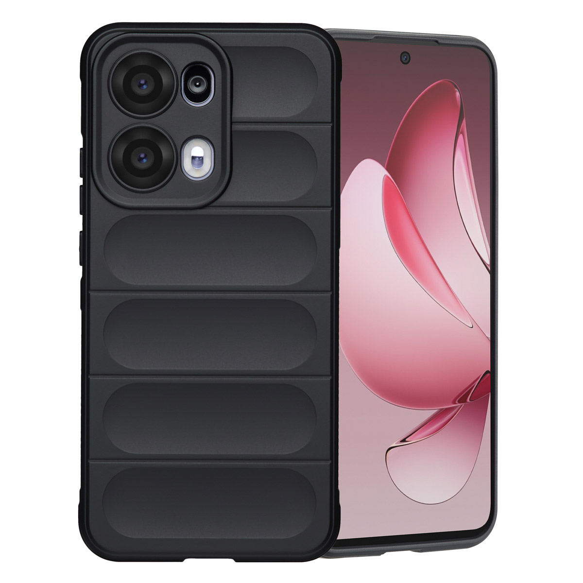 Een zwarte smartphone met beschermhoes. De telefoon heeft een scherm met een roze ontwerp. De hoes heeft een cameramodule en horizontale ribbels.