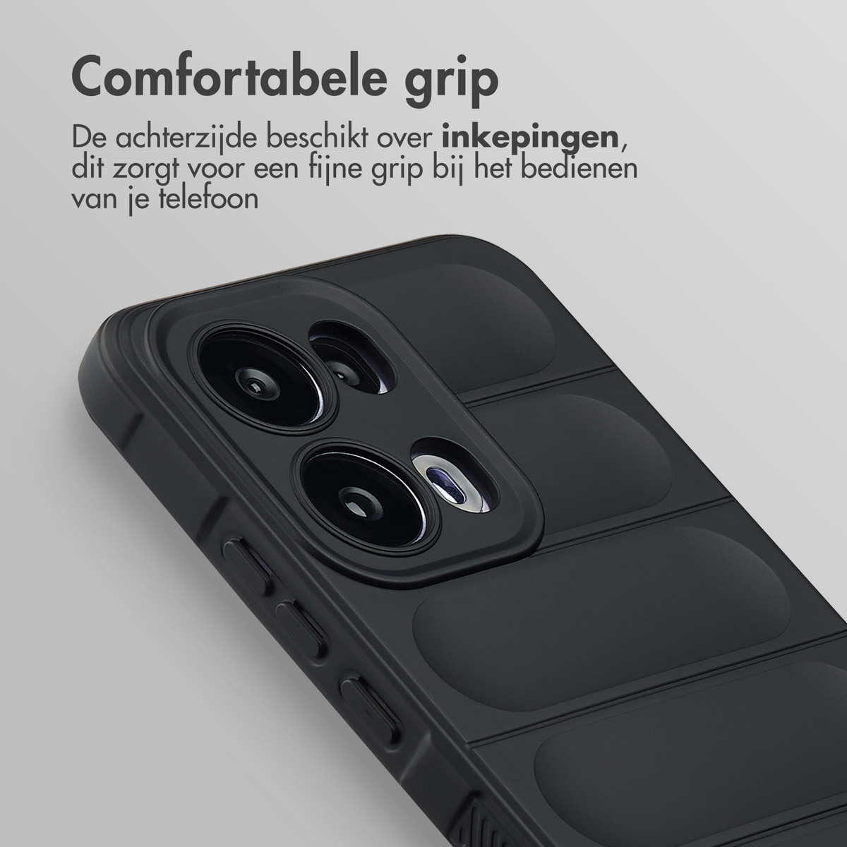Zwarte telefoonhoes met een getextureerd oppervlak. Het heeft cameralenzen en knoppen. Tekst in het Nederlands.