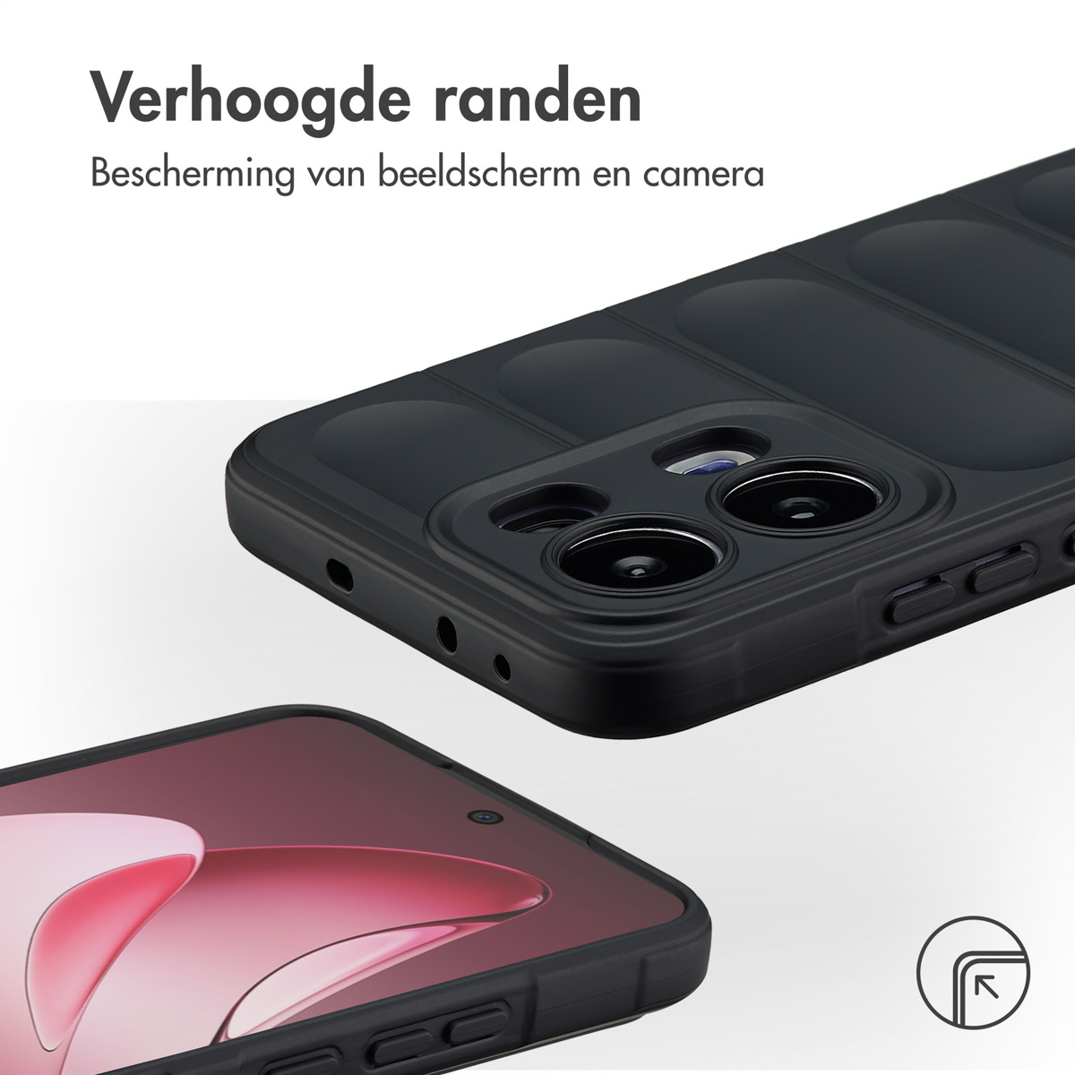 Zwarte telefoonhoes met verhoogde randen. Tekst in het Nederlands. Telefoonscherm zichtbaar. Bescherming van scherm en camera.