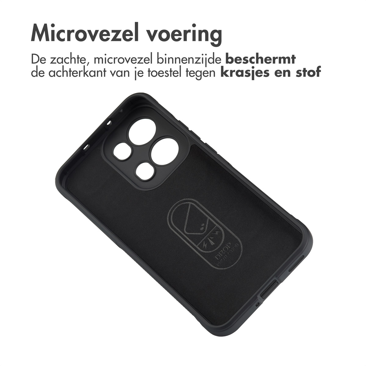 Zwarte telefoonhoes binnenkant. Het heeft gaten voor camera en knoppen. De hoes is gemaakt van microvezel, met een valbeschermingslogo.