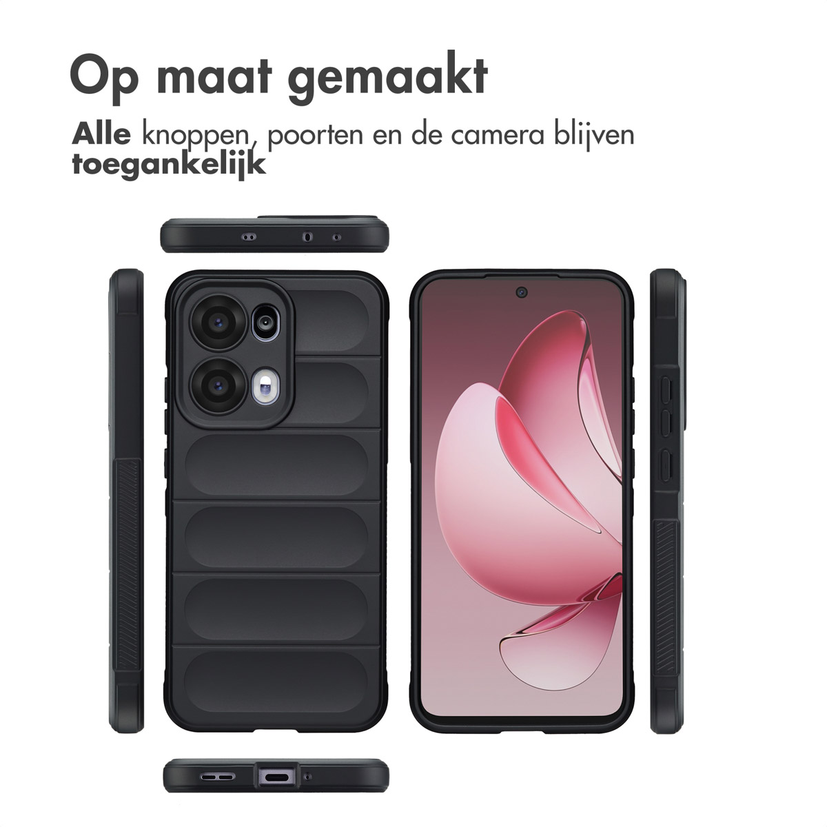 Zwarte telefoonhoes met een telefoon erin. De hoes heeft een textuur. Boven staat 'Op maat gemaakt' en 'Alle knoppen... toegankelijk'.