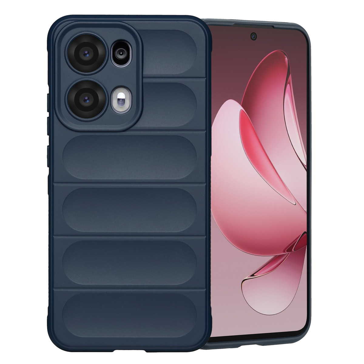 Een smartphone met een donkerblauwe hoes. Het scherm toont een abstract roze en wit ontwerp.