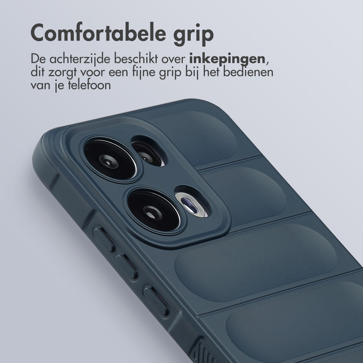Donkerblauwe telefoonhoes met camera-uitsparing, tekst: 'Comfortabele grip'. De hoes heeft inkepingen voor een betere grip.