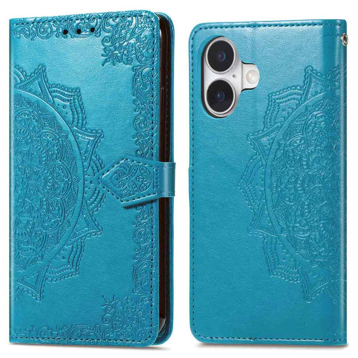 Un étui de téléphone turquoise avec un motif mandala. L'étui est ouvert, montrant la caméra du téléphone. Il possède une fermeture magnétique.