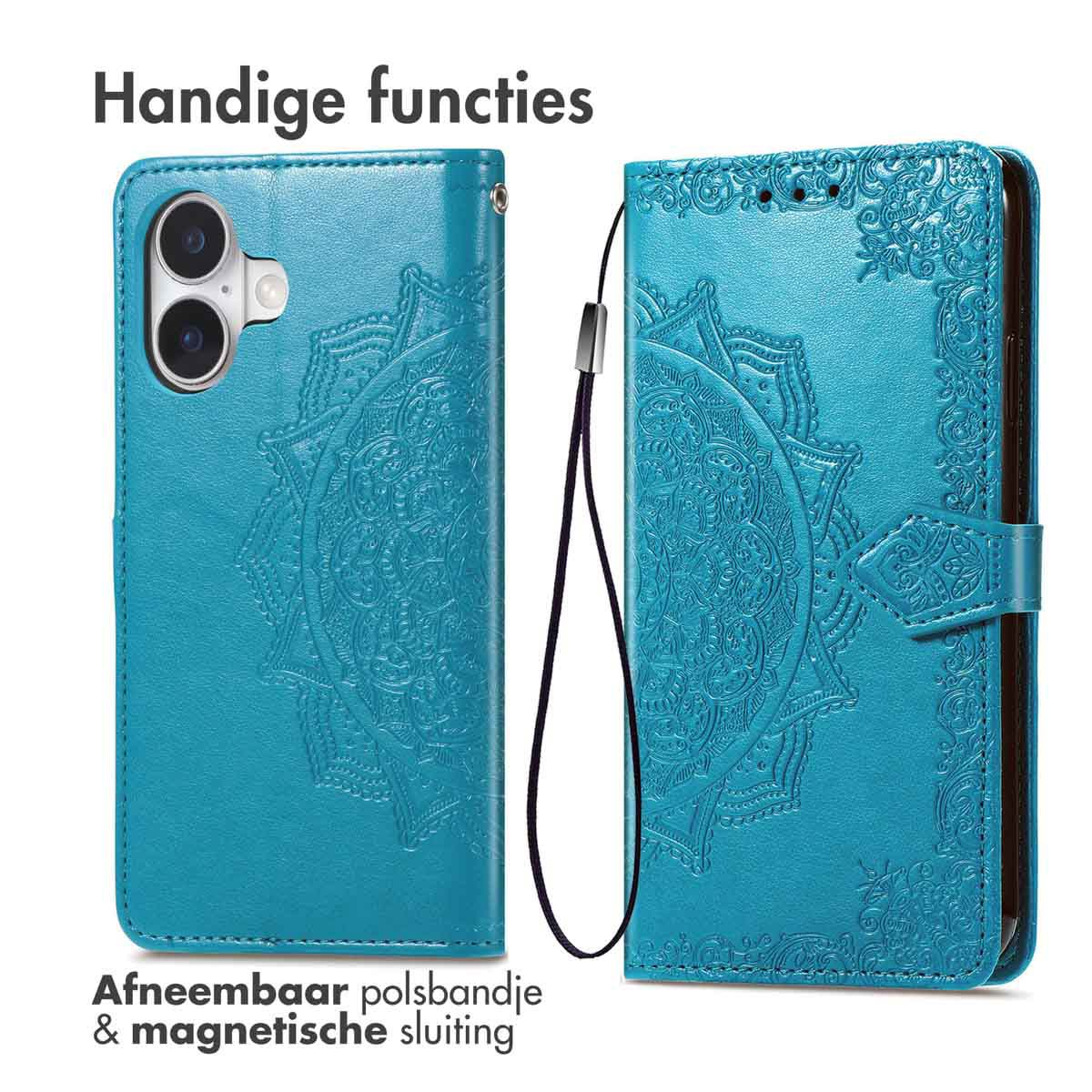 Étui de téléphone bleu avec motif mandala. Comprend une dragonne amovible et une fermeture magnétique. Texte : "Handige functies" et "Afneembaar polsbandje".