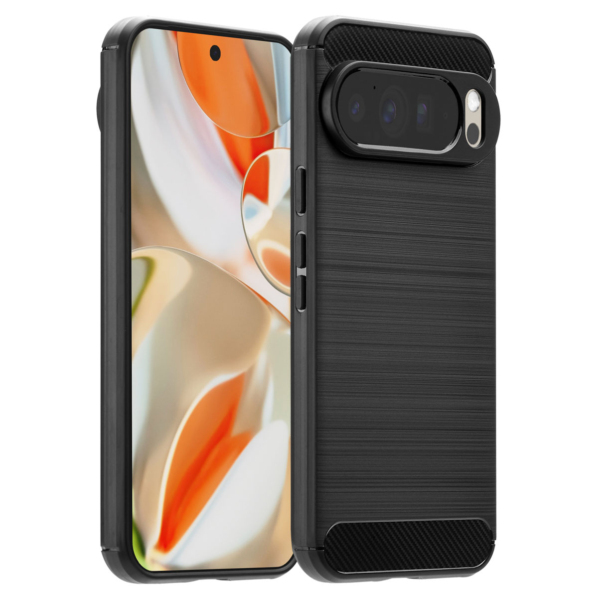 Une coque de téléphone noire avec un dos texturé à droite et un téléphone avec un écran lumineux à gauche.