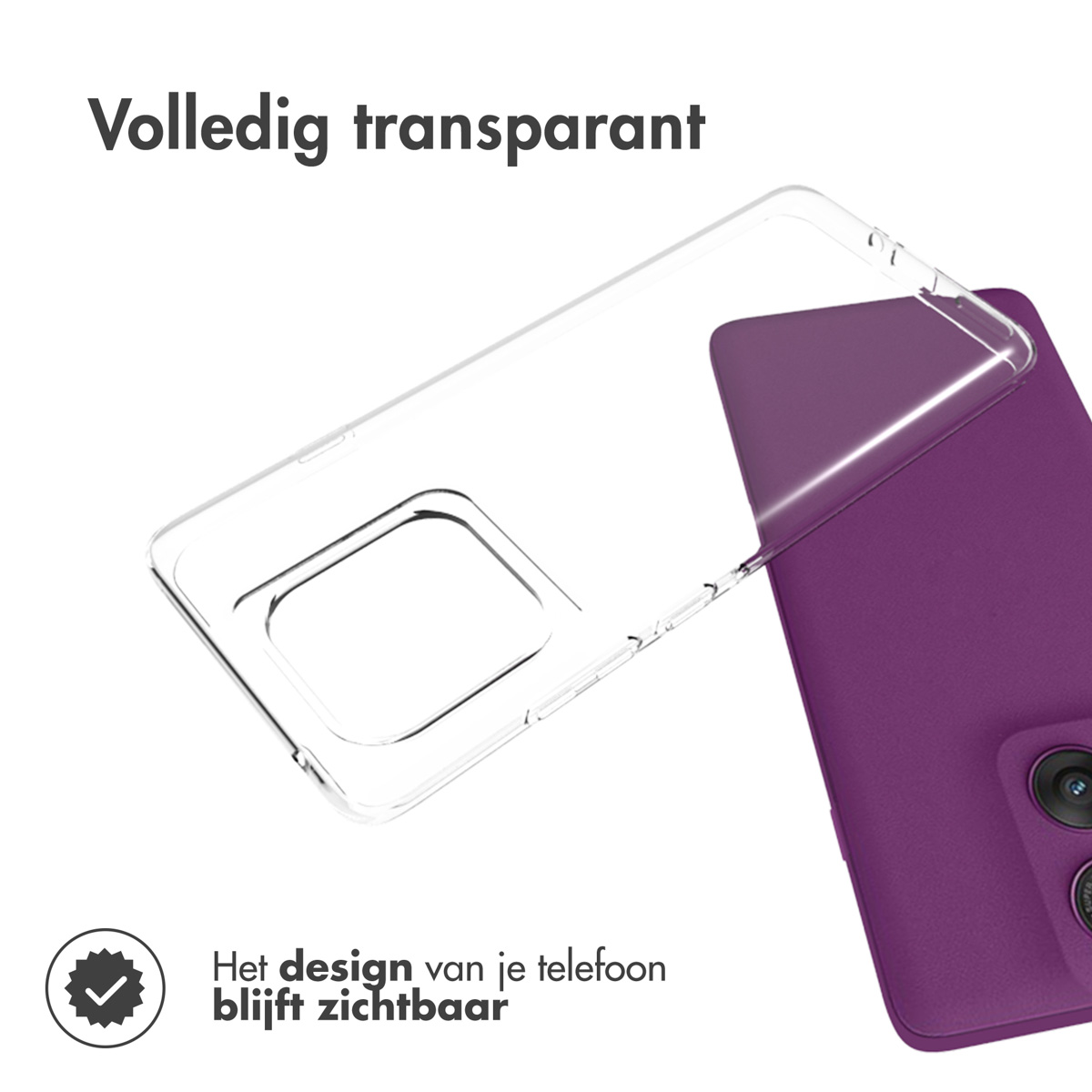 Una custodia trasparente su un telefono viola. Testo: 'Completamente trasparente' e 'Il design del tuo telefono rimane visibile'.