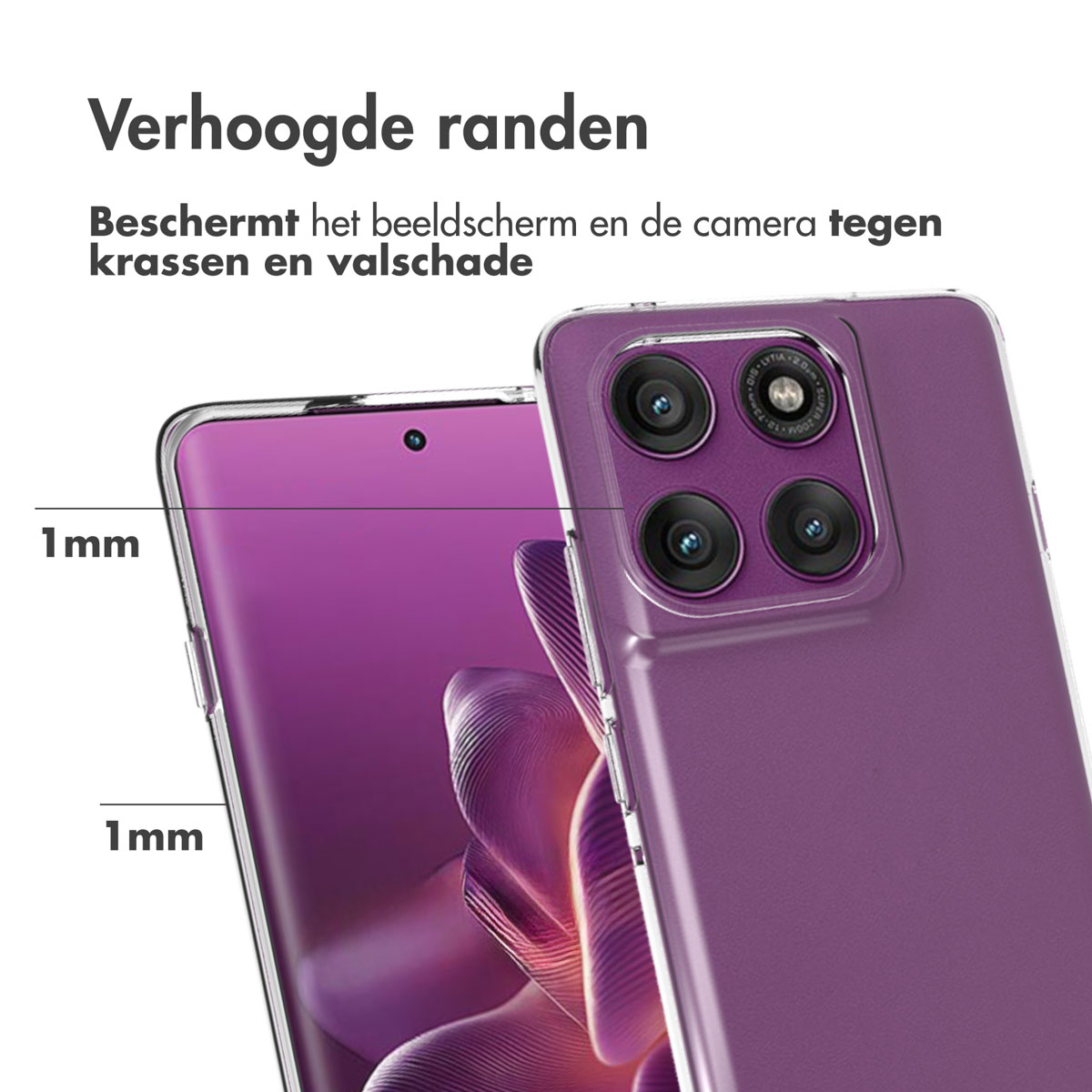 Una custodia per telefono con bordi rialzati per proteggere lo schermo e la fotocamera. Il telefono è viola e ha una fotocamera.