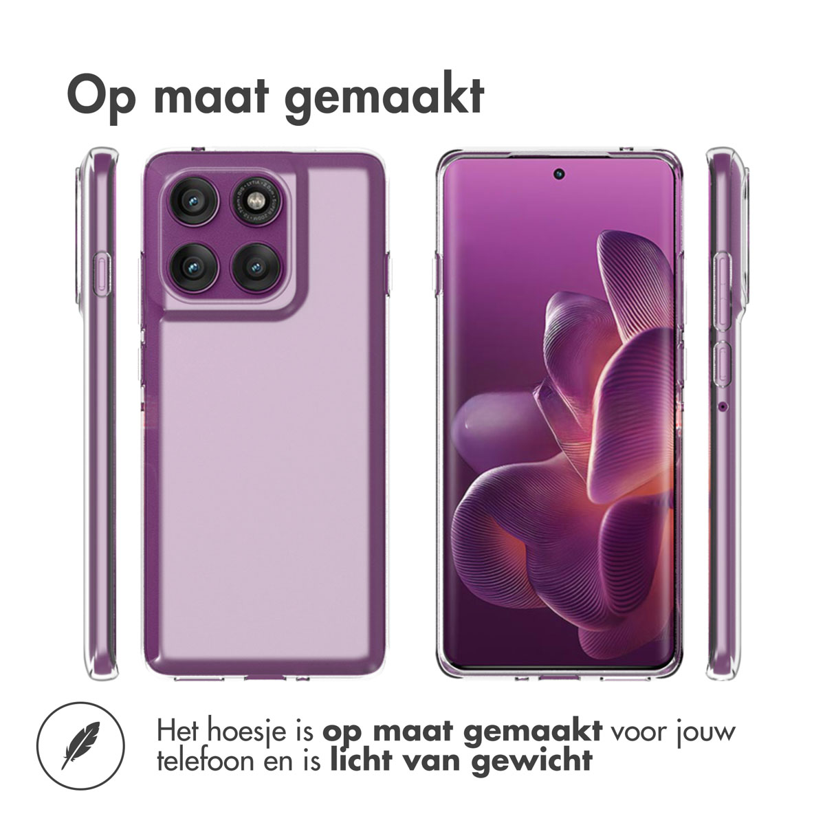 L'immagine mostra una custodia per telefono e un telefono. La custodia è color lavanda e lo schermo del telefono mostra onde viola. Il testo in alto dice "Op maat gemaakt".