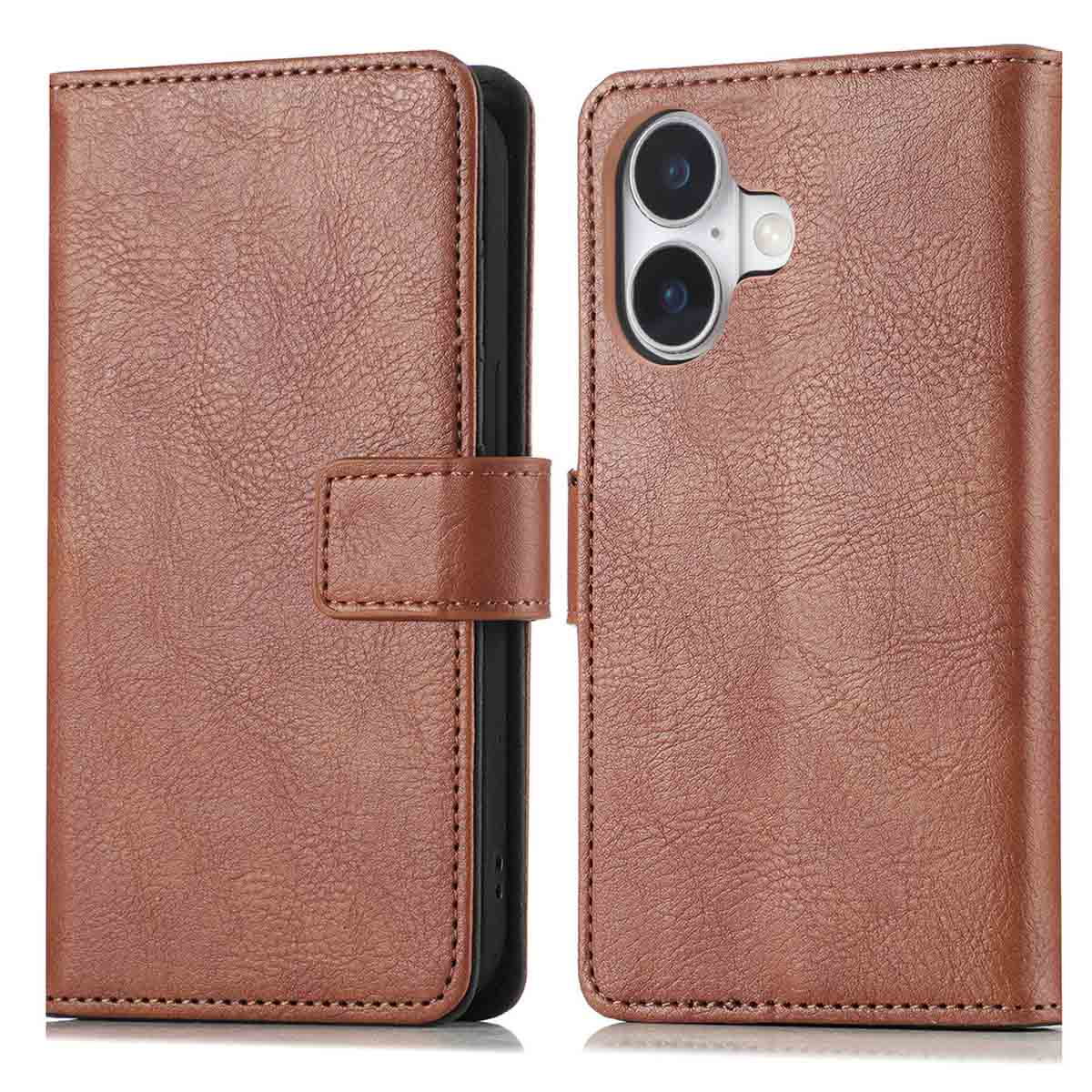 Un étui de téléphone en cuir marron est ouvert, montrant l'intérieur. L'étui a une fermeture magnétique et une découpe pour l'appareil photo.