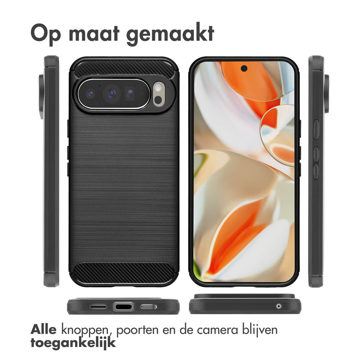 Une coque de téléphone est montrée avec un téléphone à l'intérieur. Elle est noire avec un aspect fibre de carbone. La coque protège la caméra et les boutons.