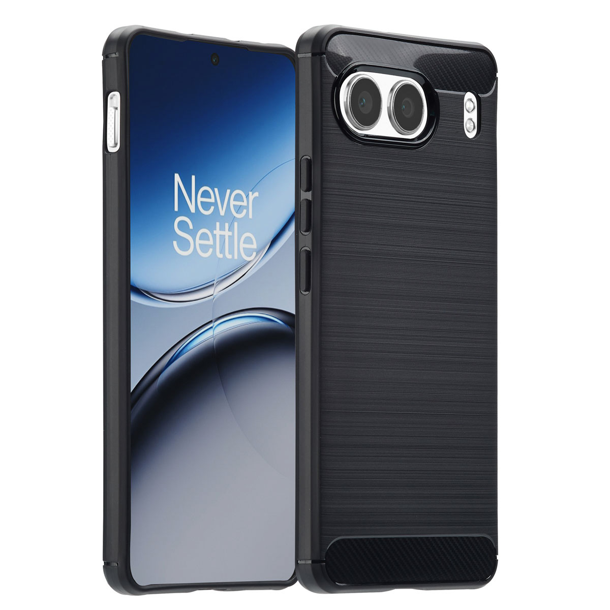 Une coque de téléphone noire est affichée, montrant un smartphone avec l'écran indiquant 'Never Settle'. La coque a un dos texturé.