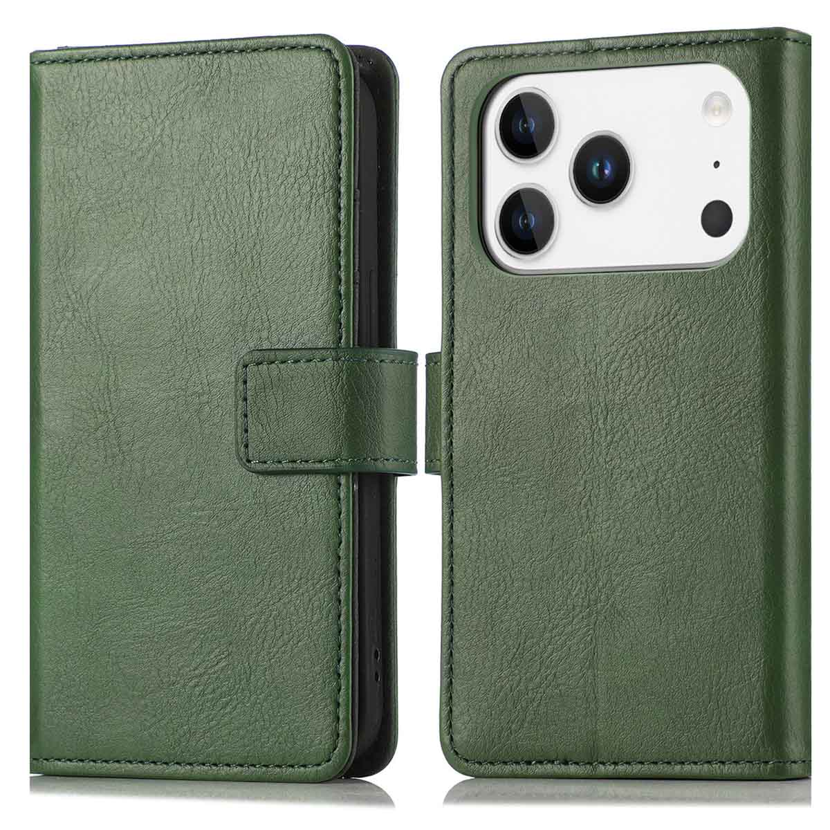Groene leren telefoonhoes met camera-uitsparingen, open om de telefoon te laten zien. Sluiting detail zichtbaar.