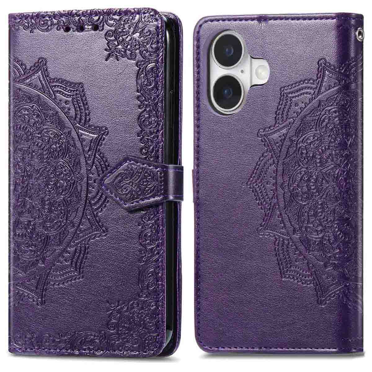 Étui de téléphone violet. Il a un motif de mandala. L'étui est fermé par un fermoir.