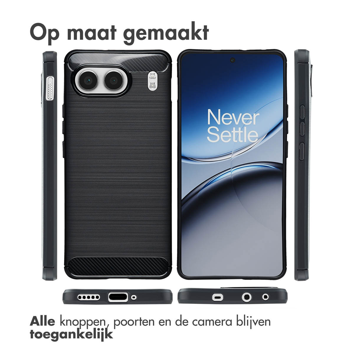 Coque de téléphone noire avec écran et bords. L'écran affiche 'Never Settle'.