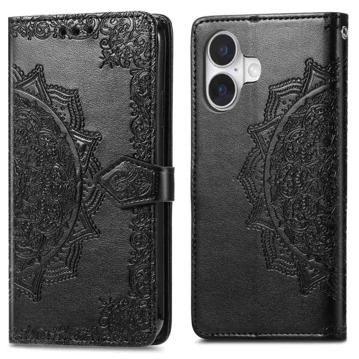 Coque de téléphone noire avec motif mandala en relief, ouverte pour révéler le téléphone. Comprend des découpes pour la caméra et une fermeture à boucle.