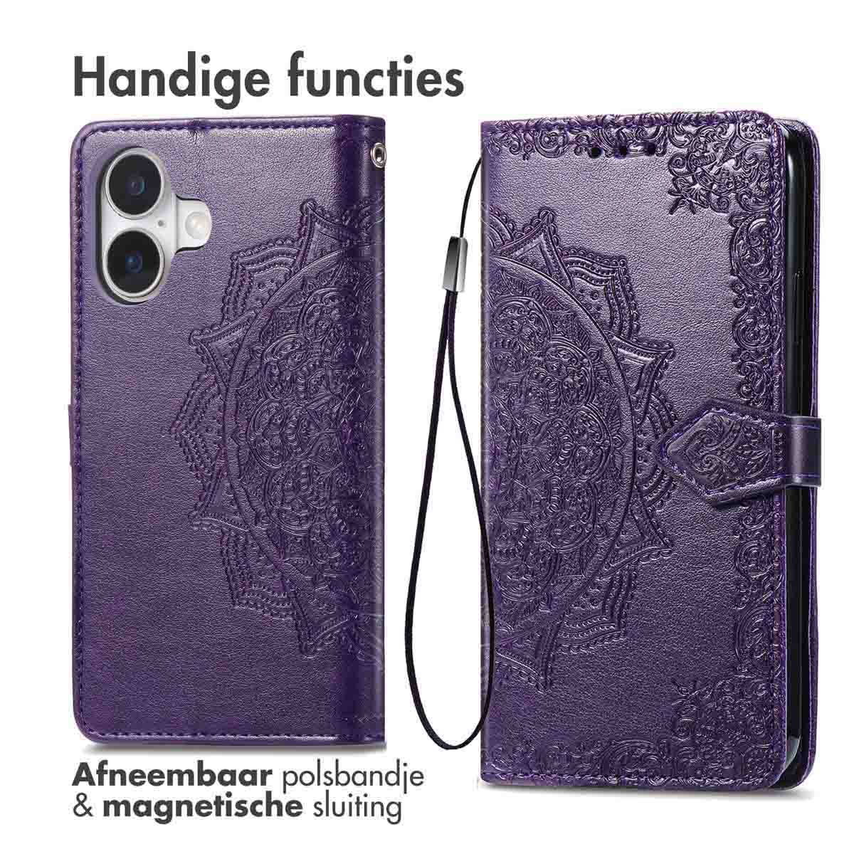Étui de téléphone violet avec motif mandala, dragonne amovible et fermeture magnétique. Texte : 'Handige functies' et 'Afneembaar polsbandje'.