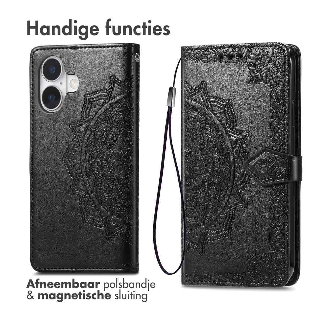 Étui de téléphone noir avec motif mandala, dragonne amovible et fermeture magnétique. Texte en néerlandais. Deux parties de l'étui.