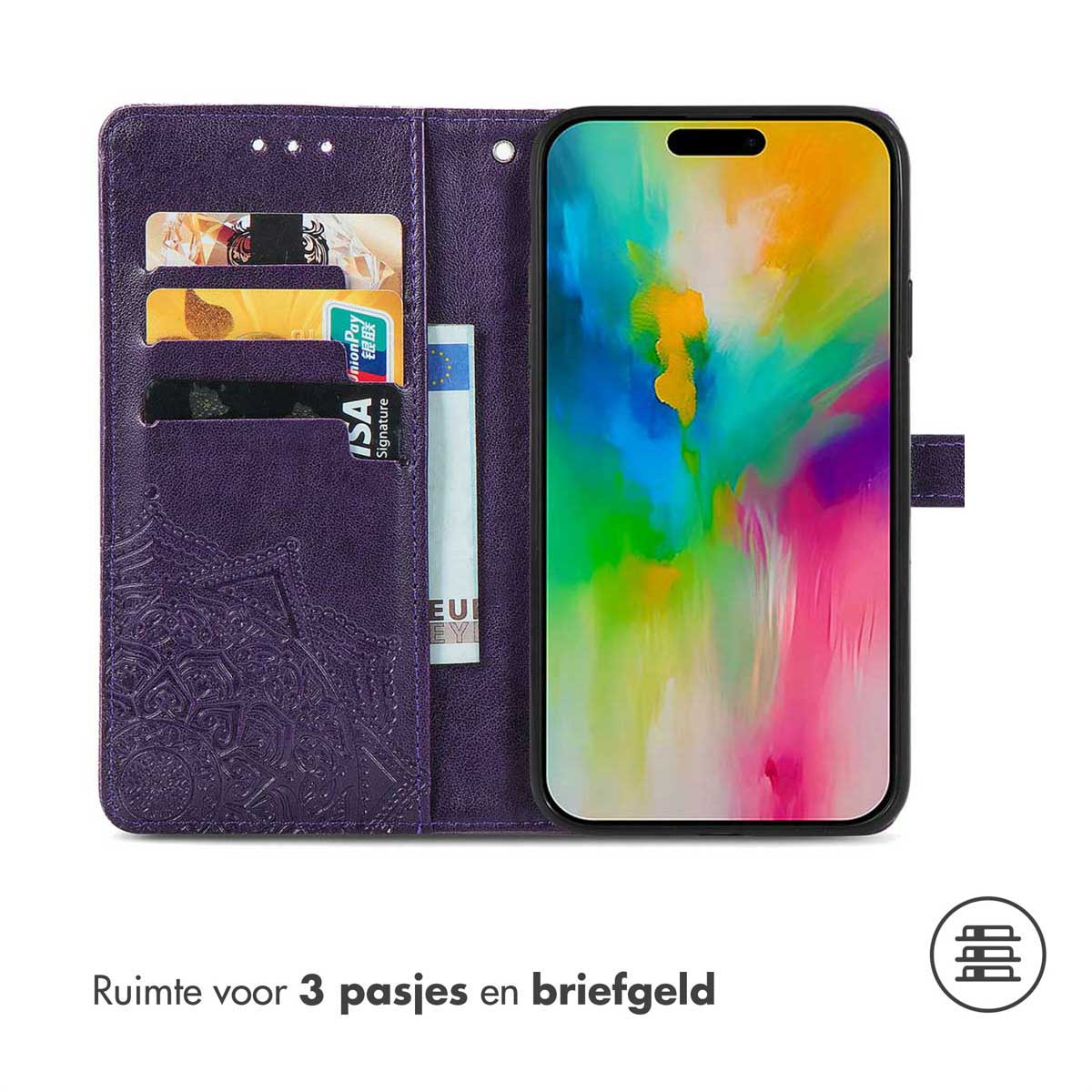 Étui de téléphone violet avec cartes et argent. Écran avec art coloré. Texte: 'Espace pour 3 cartes et espèces'.