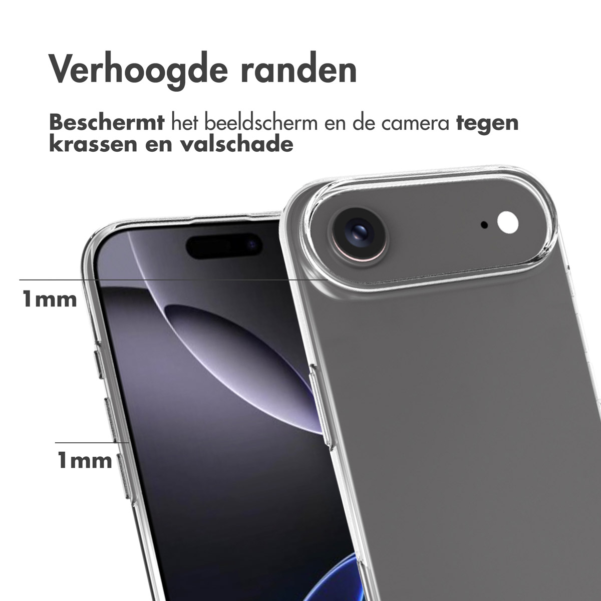 Coque de téléphone transparente avec bords surélevés pour la protection de l'écran et de l'appareil photo. Texte néerlandais. Téléphone gris. 1 mm marqué.