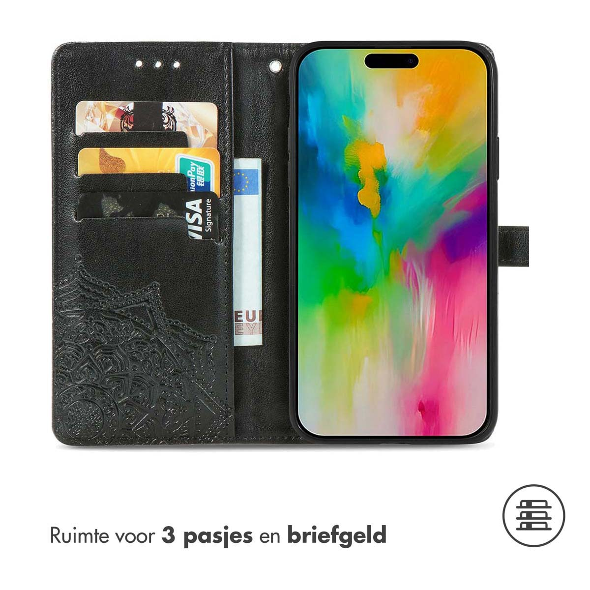 Étui de téléphone noir avec design portefeuille ouvert, contient cartes et argent. Téléphone affiche art abstrait coloré.
